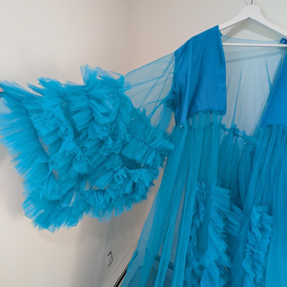 Maternity Vibrant Turquoise Sheer Ruffle Maxi Robe - Picture 2 of 6